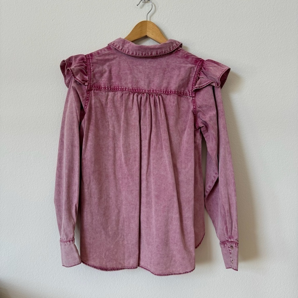 Free People Samantha Pink Acid Wash Ruffle Denim Button Down Top XS - Picture 3 of 11